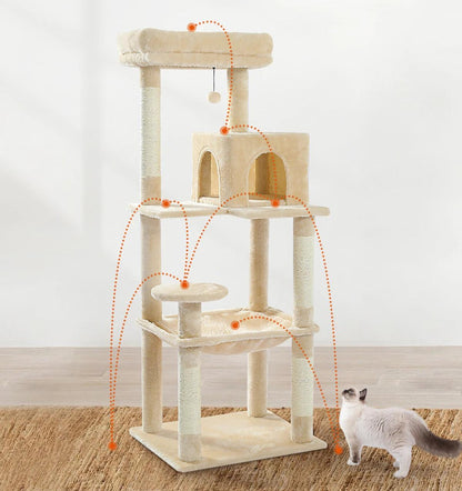 Arbre à chat à 5 niveaux avec hamac, poteaux à griffer en sisal et perchoir