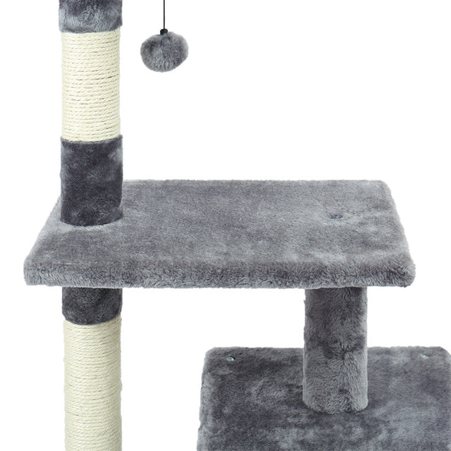 Arbre à chat gris avec plateforme de griffage et balle