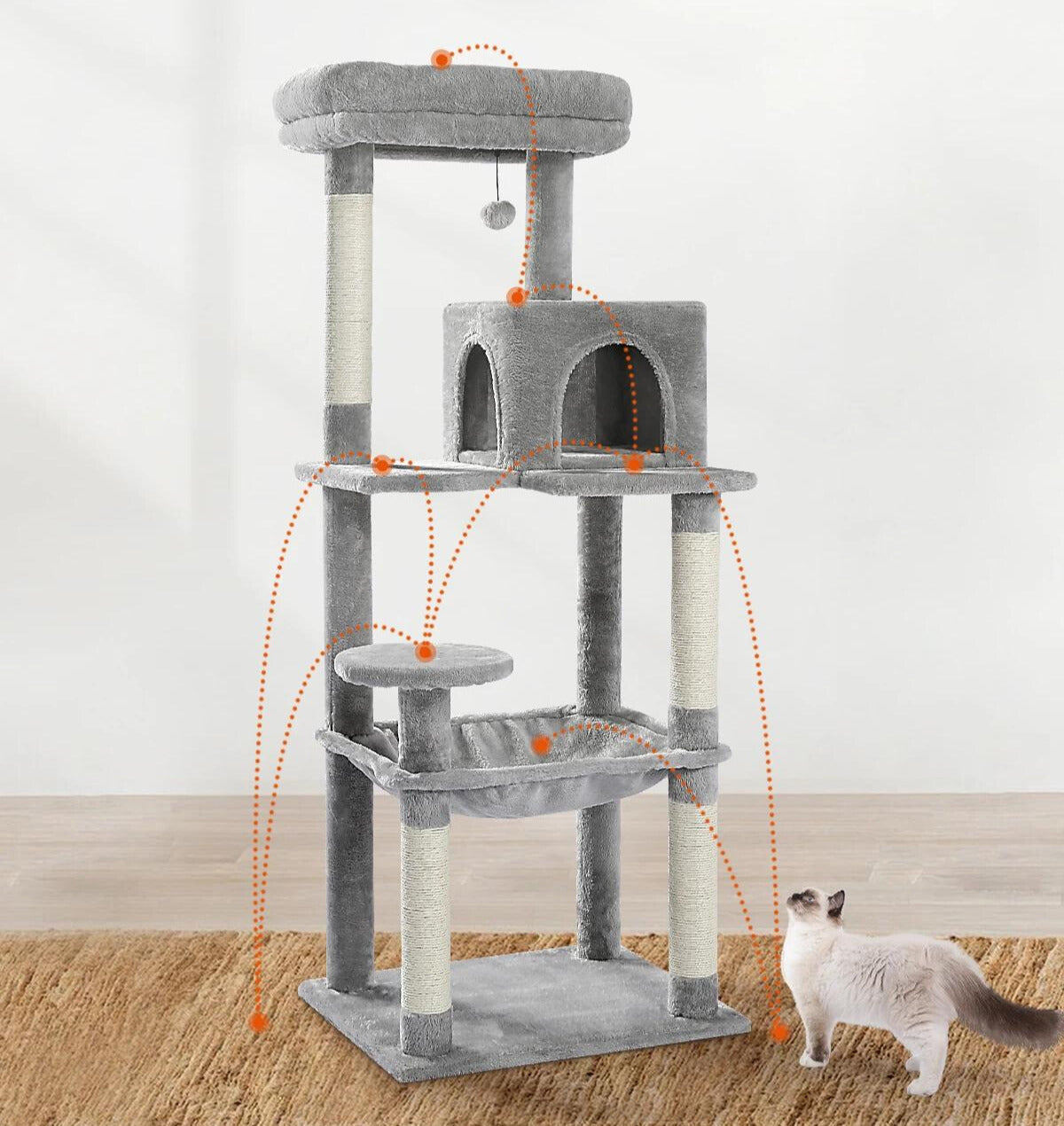 Arbre à chat à 5 niveaux avec hamac, poteaux à griffer en sisal et perchoir