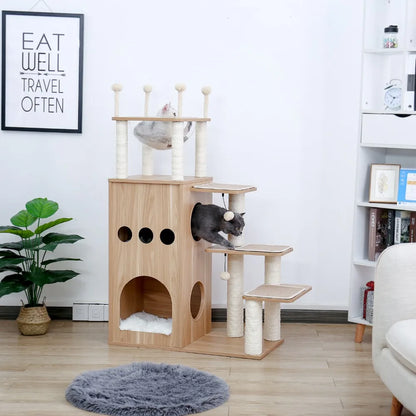 Arbre à chat en bois avec échelle avec balle de jeu pour chaton