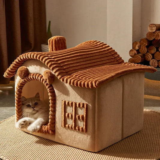 Niche chalet cheminée en peluche pour chat