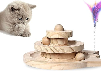 Wooden track tower toy with balls for cats