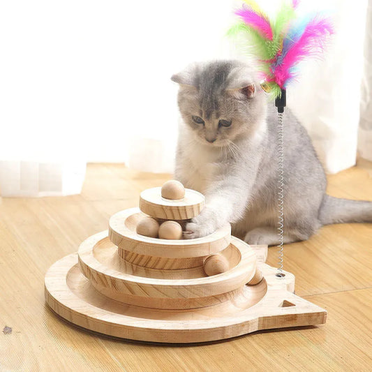Wooden track tower toy with balls for cats