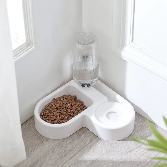 Automatic corner water fountain with food bowl